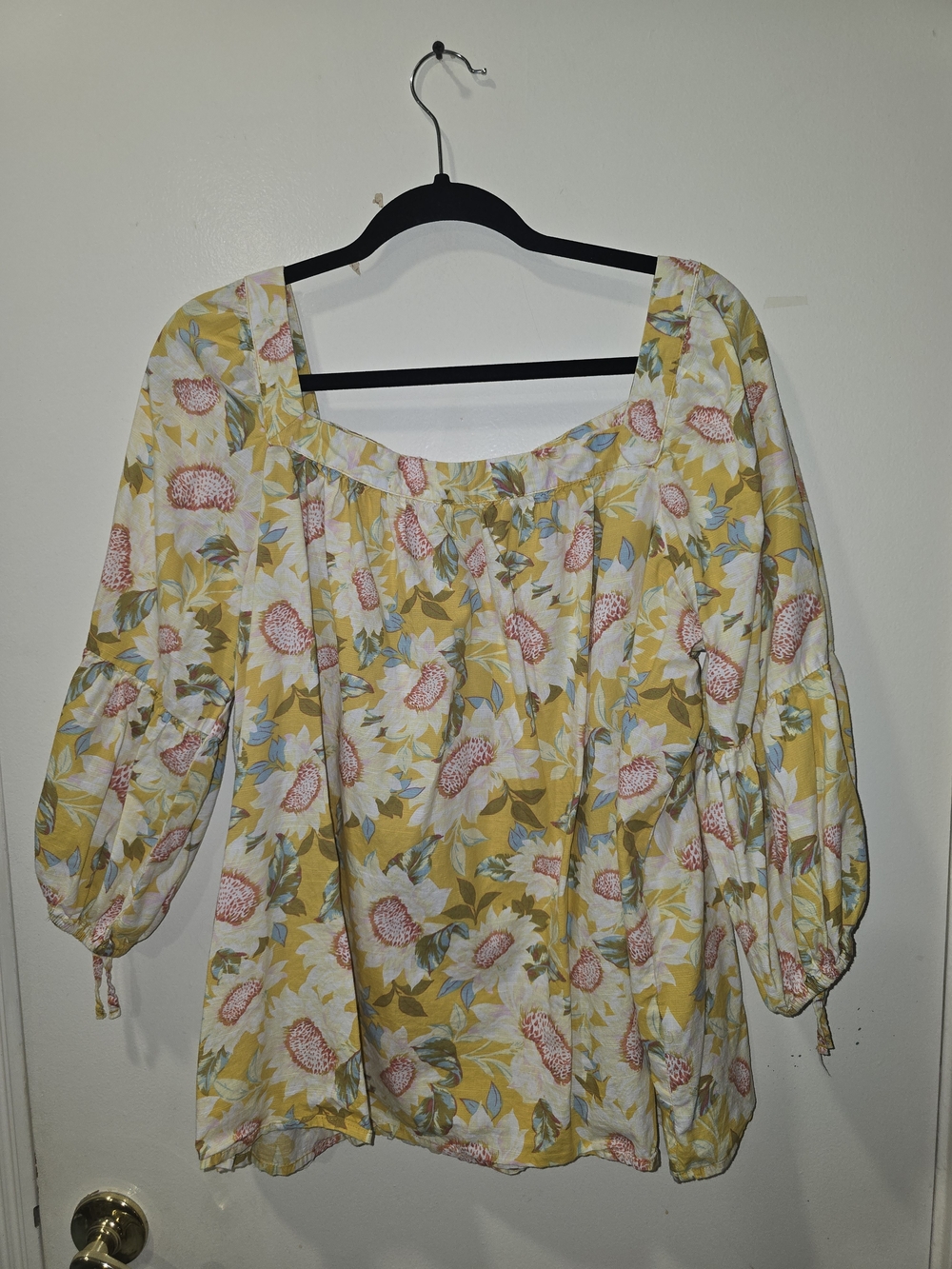 Floral Yellow Peasant Blouse with Balloon Sleeves